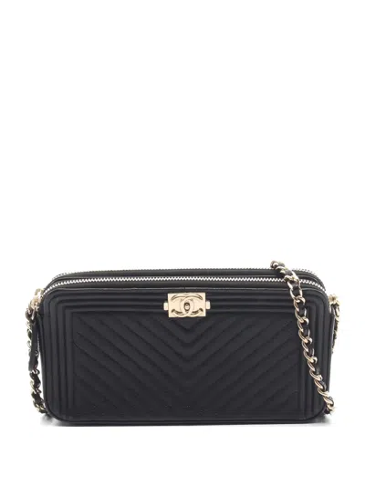 Pre-owned Chanel 2017-2018 Boy V-stitch Wallet In Black