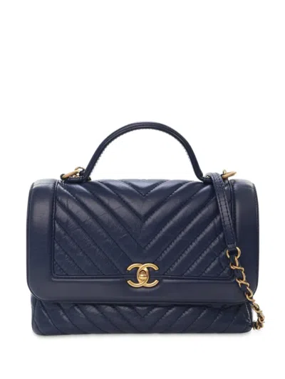 Pre-owned Chanel 2017-2018 Cc Chevron Aged Calfskin Top Handle Flap Satchel In Blue