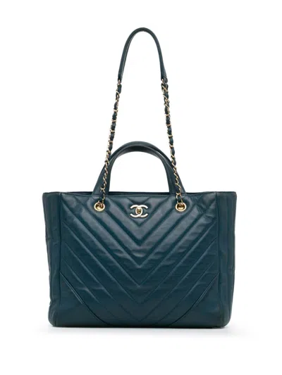 Pre-owned Chanel 2017-2018 Cc Chevron Calfskin Statement Shopping Tote Satchel In Blue