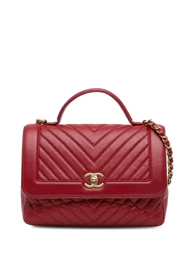Pre-owned Chanel 2017-2018 Cc Chevron Calfskin Top Handle Flap Satchel In Red