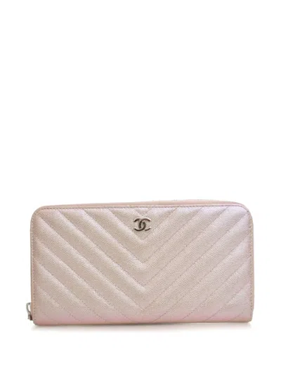 Pre-owned Chanel 2017-2018 Cc Chevron Iridescent Caviar Zip Around Wallet Long Wallets In Pink