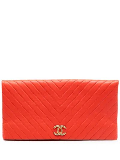 Pre-owned Chanel 2017-2018 Cc Chevron Lambskin Fold Over Clutch Bag In Orange