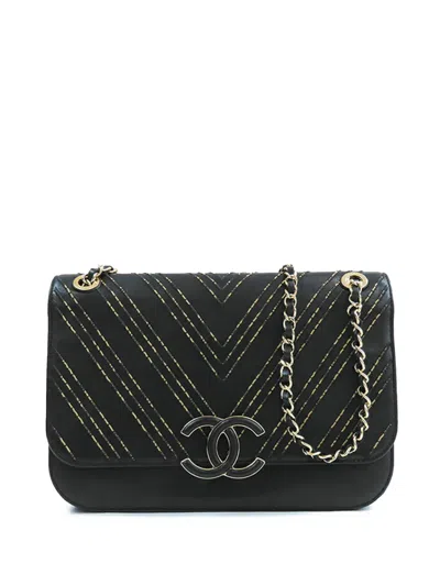 Pre-owned Chanel 2017-2018 Cc Chevron Sheepskin Chain Subtle Flap Crossbody Bag In Black
