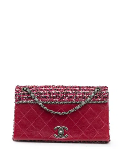 Pre-owned Chanel 2017-2018 Cc Lambskin And Tweed Flap Crossbody Bag In Red