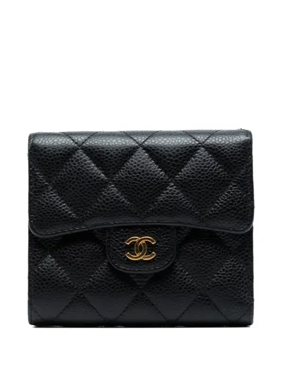 Pre-owned Chanel 2017-2018 Cc Quilted Caviar Compact Flap Wallet Small Wallets In Black