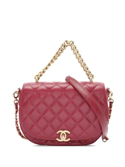Pre-owned Chanel 2017-2018 Cc Quilted Lambskin Chain Flap Satchel In Red