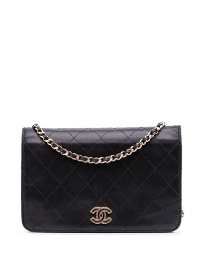 Pre-owned Chanel 2017-2018 Cc Quilted Lambskin Wallet On Chain Crossbody Bag In Black