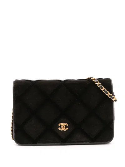 Pre-owned Chanel 2017-2018 Cc Quilted Velvet Wallet On Chain Crossbody Bag In Black
