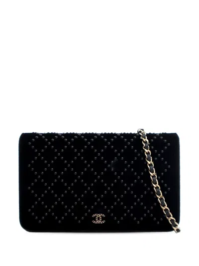 Pre-owned Chanel 2017-2018 Cc Velvet Studded Wallet On Chain Crossbody Bag In Black
