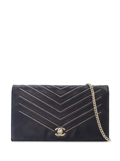 Pre-owned Chanel 2017-2018 Chevron Nubuck Micro Chain Embellished Flap Crossbody Bag In Black