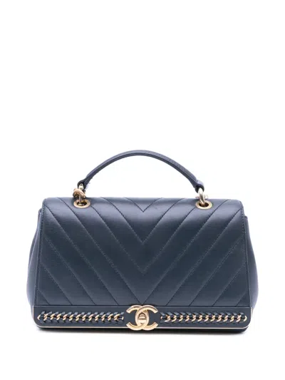 Pre-owned Chanel 2017-2018 Chevron Sheepskin Stitched Chain Top Handle Flap Satchel In Black