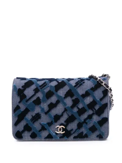 Pre-owned Chanel 2017-2018 Denim And Velvet Wallet On Chain Crossbody Bag