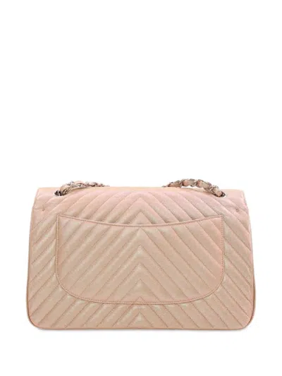 Pre-owned Chanel 2017-2018 Jumbo Classic Chevron Iridescent Caviar Double Flap Shoulder Bag In Pink