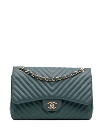 Pre-owned Chanel 2017-2018 Jumbo Classic Chevron Lambskin Double Flap Shoulder Bag In Green
