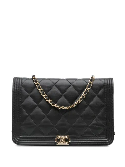 Pre-owned Chanel 2017-2018 Lambskin Boy Wallet On Chain Crossbody Bag In Black