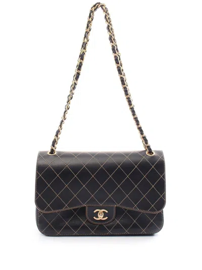 Pre-owned Chanel 2017-2018 Large Double Flap Leather Shoulder Bag In Black
