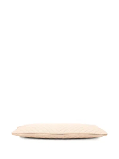 Pre-owned Chanel 2017-2018 Large Quilted Caviar Chevron O Case Zip Pouch Clutch Bag In Brown