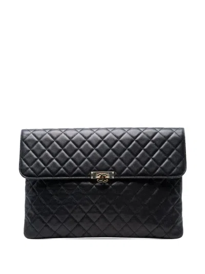 Pre-owned Chanel 2017-2018 Large Quilted Caviar Golden Class O Case Clutch Bag In Black