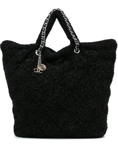 Pre-owned Chanel 2017-2018 Large Quilted Knit Pluto Glitter Satchel In Black