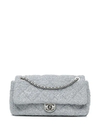 Pre-owned Chanel 2017-2018 Large Quilted Lurex Ground Control Pluto Glitter Flap Crossbody Bag In Silver