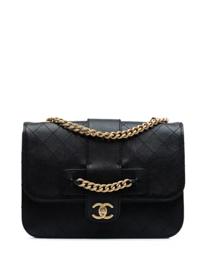 Pre-owned Chanel 2017-2018 Large Quilted Sheepskin Front Chain Flap Crossbody Bag In Black