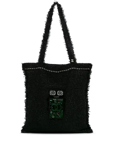 Pre-owned Chanel 2017-2018 Large Resin Embellished Tweed Robot Shopping Tote Bag In Black
