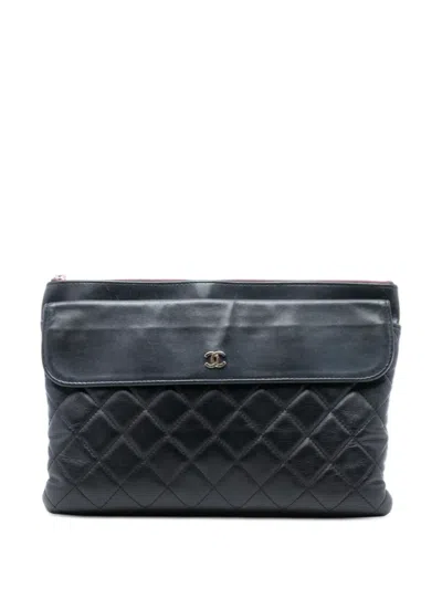 Pre-owned Chanel 2017-2018 Medium Cc Quilted Lambskin Flap Cosmetic Case Clutch Bag In Black