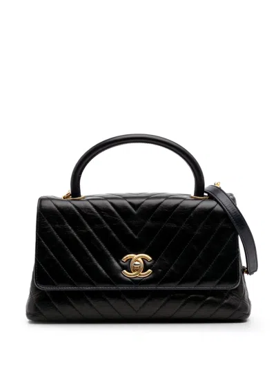Pre-owned Chanel 2017-2018 Medium Chevron Aged Calfskin Coco Top Handle Bag Satchel In Black