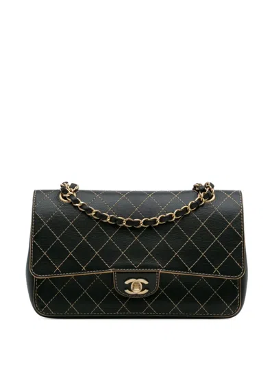 Pre-owned Chanel 2017-2018 Medium Classic Calfskin Wild Stitch Double Flap Shoulder Bag In Black