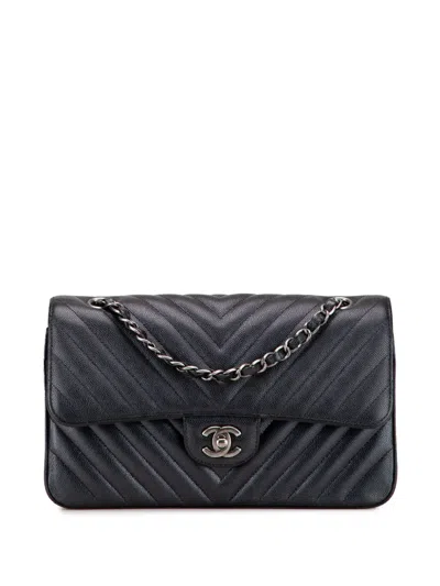 Pre-owned Chanel 2017-2018 Medium Classic Chevron Caviar Double Flap Shoulder Bag In Black