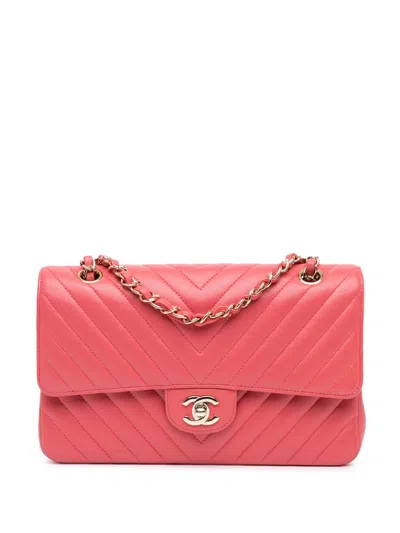 Pre-owned Chanel 2017-2018 Medium Classic Chevron Lambskin Double Flap Shoulder Bag In 粉色