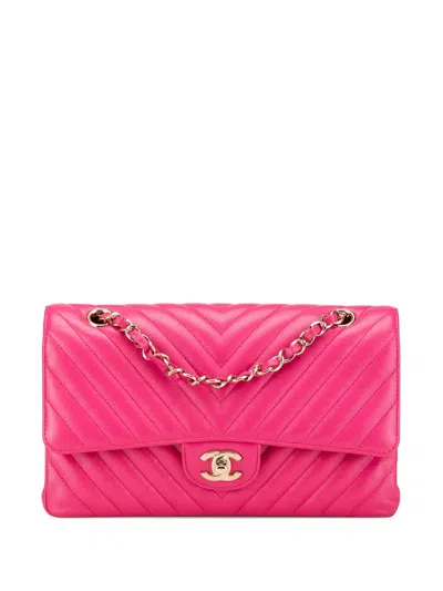 Pre-owned Chanel 2017-2018 Medium Classic Chevron Lambskin Double Flap Shoulder Bag In Pink
