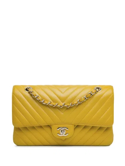Pre-owned Chanel 2017-2018 Medium Classic Chevron Lambskin Double Flap Shoulder Bag In Yellow