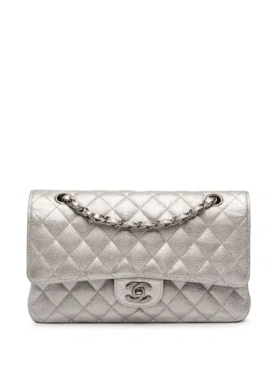 Pre-owned Chanel 2017-2018 Medium Classic Iridescent Caviar Double Flap Shoulder Bag In Silver