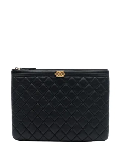Pre-owned Chanel 2017-2018 Medium Quilted Caviar Boy O Case Clutch Bag In Black