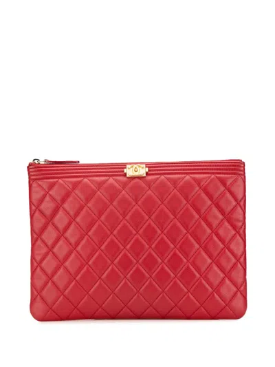 Pre-owned Chanel 2017-2018 Medium Quilted Caviar Boy O Case Clutch Bag In Red