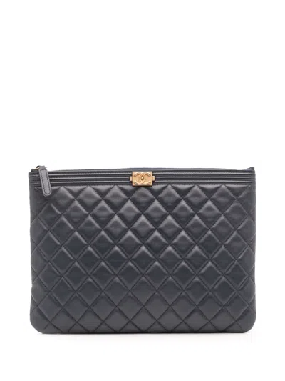 Pre-owned Chanel 2017-2018 Medium Quilted Lambskin Boy O Case Clutch Bag In Blue