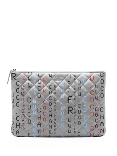 Pre-owned Chanel 2017-2018 Medium Quilted Lambskin Data Center O Case Clutch Bag In Gray