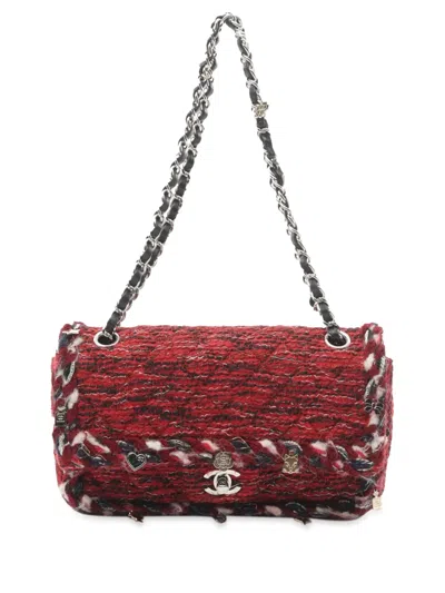 Pre-owned Chanel 2017-2018 Medium Tweed Braided Charms Double Flap Shoulder Bag In Red