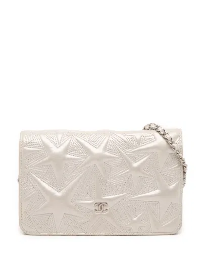 Pre-owned Chanel 2017-2018 Metallic Lambskin Star Embossed Wallet On Chain Crossbody Bag In Silver
