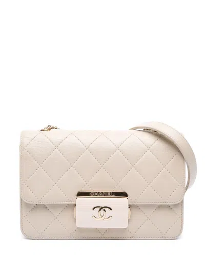 Pre-owned Chanel 2017-2018 Mini Lambskin Beauty Lock Flap Crossbody Bag In White