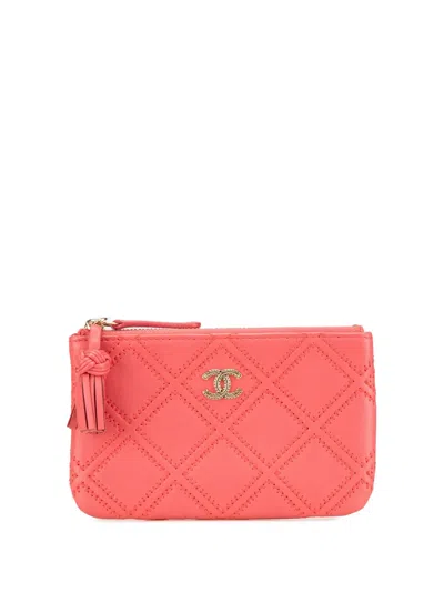 Pre-owned Chanel 2017-2018 Mini Lambskin Double Stitch Tassel Pouch In Pink