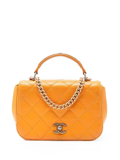 Pre-owned Chanel 2017-2018 Mini Quilted Caviar Carry Around Flap Satchel In Orange
