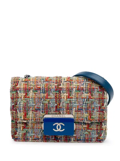 Pre-owned Chanel 2017-2018 Mini Quilted Tweed Beauty Lock Flap Crossbody Bag In Blue