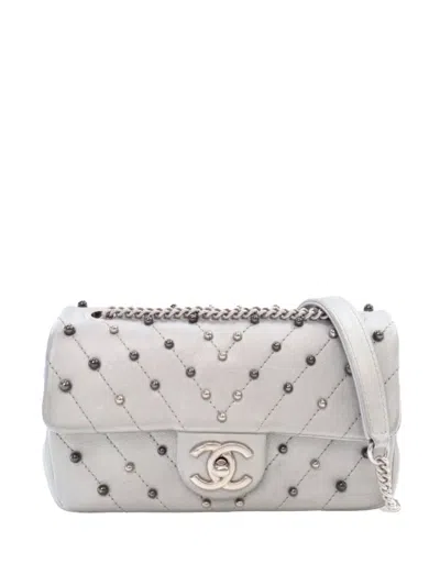Pre-owned Chanel 2017-2018 Mini Rectangular Chevron Lambskin Stud Wars Flap Shoulder Bag In Silver