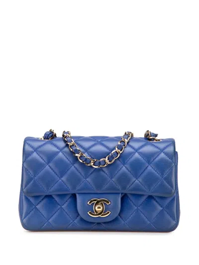 Pre-owned Chanel 2017-2018 Mini Rectangular Classic Lambskin Single Flap Crossbody Bag In Blue
