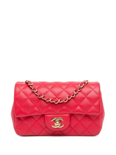 Pre-owned Chanel 2017-2018 Mini Rectangular Classic Lambskin Single Flap Crossbody Bag In Red