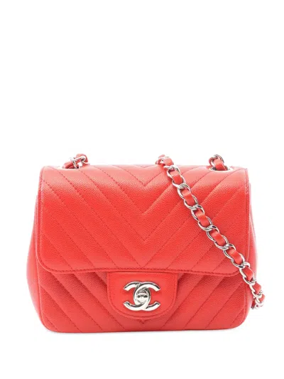 Pre-owned Chanel 2017-2018 Mini Square Classic Chevron Caviar Single Flap Crossbody Bag In Red