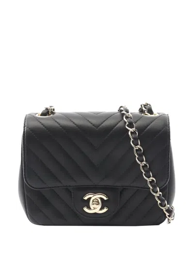 Pre-owned Chanel 2017-2018 Mini Square Classic Chevron Lambskin Single Flap Crossbody Bag In Black
