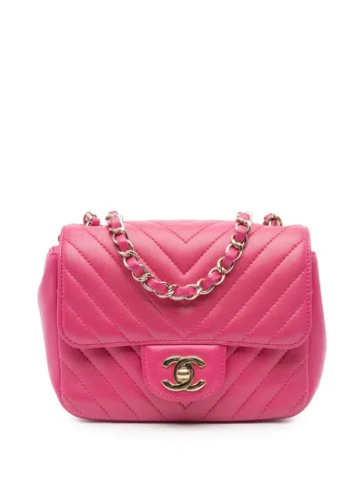 Pre-owned Chanel 2017-2018 Mini Square Classic Chevron Lambskin Single Flap Crossbody Bag In Pink